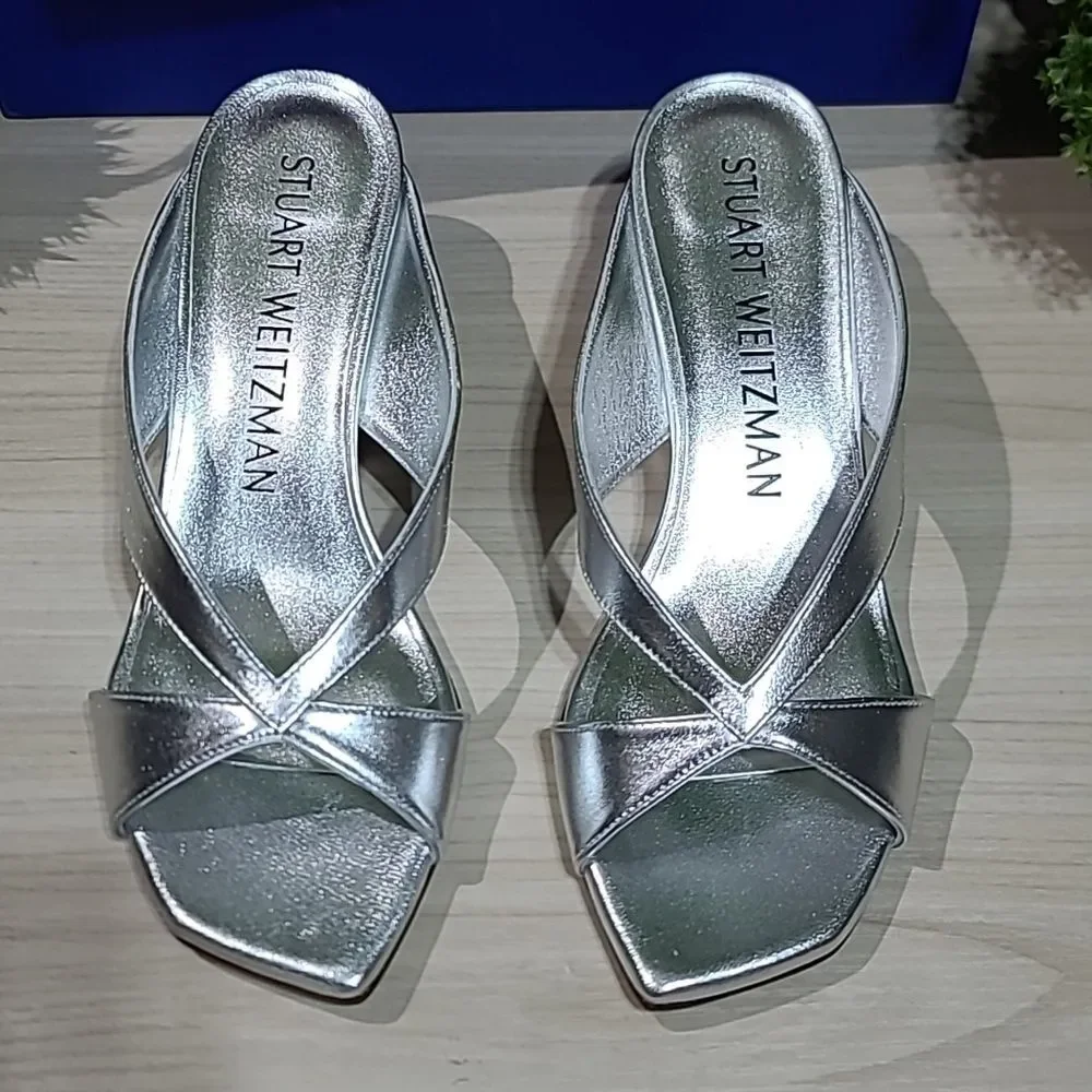 Stuart Weitzman Miami 50 Wedge Slide Silver 7.5 B NEW - Picture 3 of 9